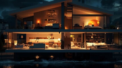 Cross section of house full of light in the night, 3d illustration - obrazy, fototapety, plakaty