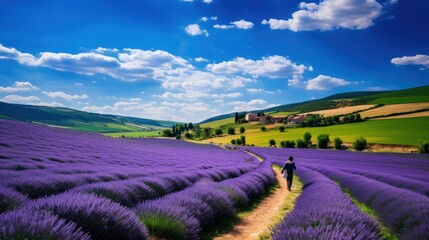  two people walking through a lavender field under a blue sky with white clouds and green hills in the far distance.
