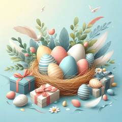 Fototapeta na wymiar Multi colors Easter eggs in woven basket on blue background. Pastel color Easter eggs.