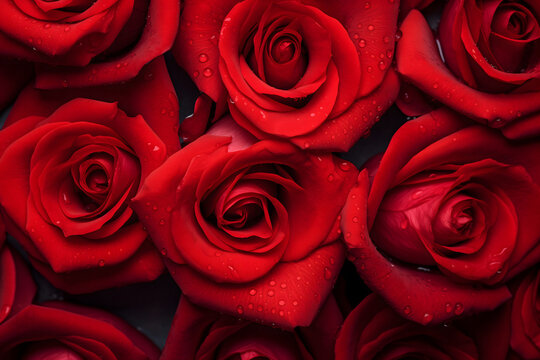 Vibrant Red Roses With Dew Drops Captured in a Close-up Image. AI.