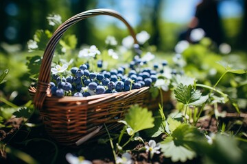 Blueberries in a wicker basket on a background of green grass.