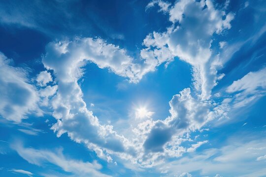 love concept Bright blue sky, white clouds, heart-shaped clouds. in the clear sky