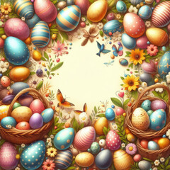 Fototapeta na wymiar Easter eggs in a basket with flowers