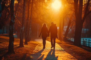 Fototapeta premium A serene autumn stroll through the park, where people enjoy walking amidst the trees, leaves, and fog, creating a peaceful outdoor atmosphere with a touch of love and nature