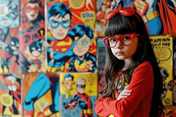 A young girl wearing glasses and a superhero costume. Generative AI.