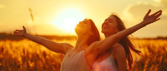 Backlit Portrait of calm happy smiling two free women with open arms and closed eyes enjoys a...
