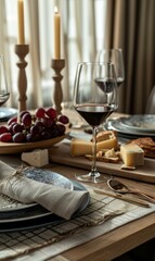 Fototapeta na wymiar A table setting with wine glasses, cheese and grapes. Generative AI.