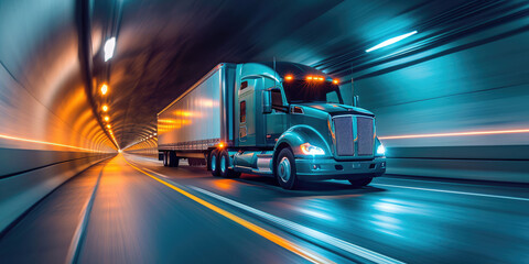 Semi Truck at Speed in Tunnel - obrazy, fototapety, plakaty