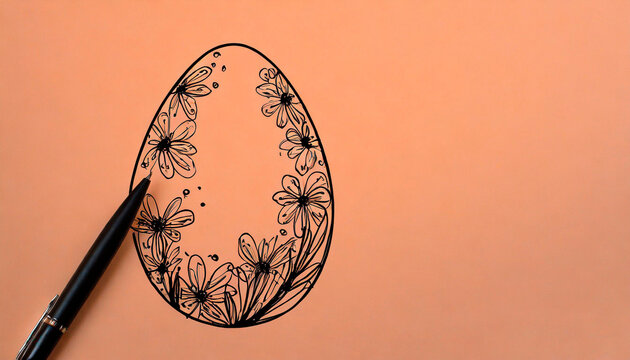Stylized drawing with the outline of a small Easter egg made with a black stroke on a peach background. Minimalist image to celebrate Easter. Copy Space.