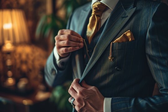 A man in a suit and tie is adjusting his tie. Generative AI.