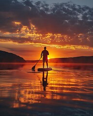 The outline of a paddleboarder on a serene lake during sunset with mountain silhouettes and a cloudy sky.
