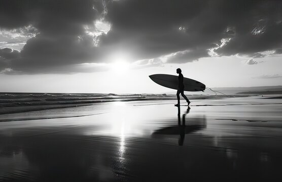 : A monochrome image capturing a surfer with a board under the arm, walking on the beach at twilight with a dynamic sky.