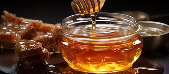 Honey in a jar with a honey dipper, isolated on a white background