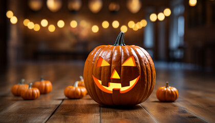 Glowing pumpkin lantern illuminates spooky Halloween night decoration generated by AI