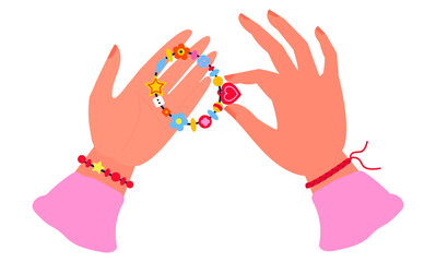 Obraz premium Beads bracelet in hands. Cartoon cute bracelet made of colorful beads different shapes and color. Plastic jewelry for wrist. Friendship retro bracelet with hand isolated on white background.