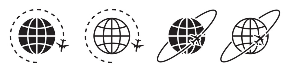 Set of travel icon with plane and planet. World or international travel, airplane fly around the earth. Globe symbol, planet earth. Vector. EPS10. © SVIATOSLAV