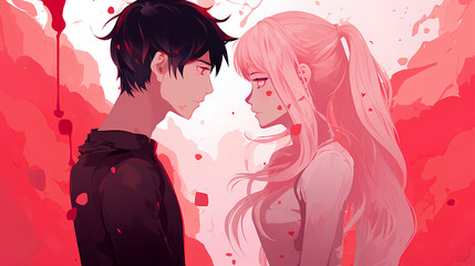 An anime couple in love a background of red and pink hearts. Valentine's Day concept.