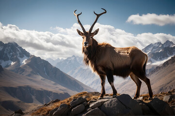 Front-Facing Majestic Markhor. A Spiral-Horned Beauty in Close-Up. Powerful Markhor Stands Tall on Rocky Terrain,  Untamed Spirit 