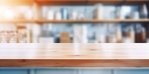 Obraz na płótnie Canvas Blurred shelf backdrop with kitchen table top.