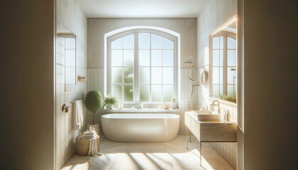 Fototapeta na wymiar beautiful, bright bathroom design featuring a window. The bathroom is designed with a light and airy aesthetic