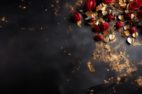 Golden cutlery on black stone table for valentine s day, perfect for cards, menus, decor, copy space