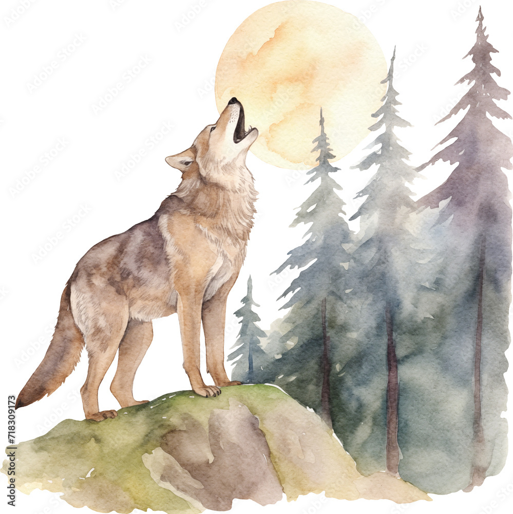 Aufkleber wolf howling watercolor created with generative ai technology