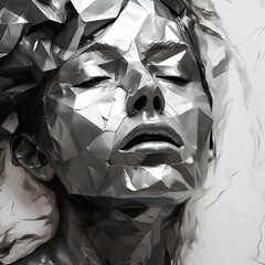 Reflective Elegance: Surreal Portrait of a Woman with Closed Eyes, Crafted from Shimmering Foil, Sensory Art Experience