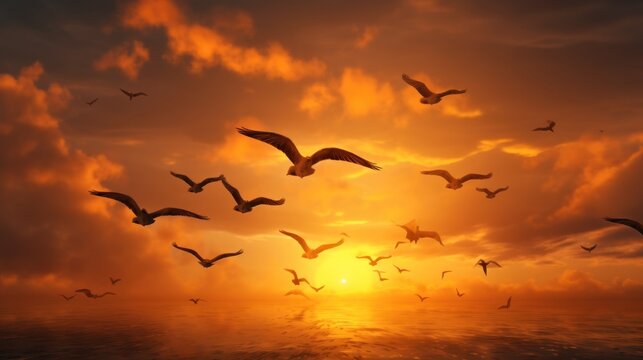  a flock of seagulls flying over a body of water with a sunset in the background and clouds in the sky.