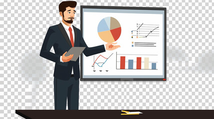 Businessman showing graphs at frontboard presentation transparent backgrounds. Generative AI