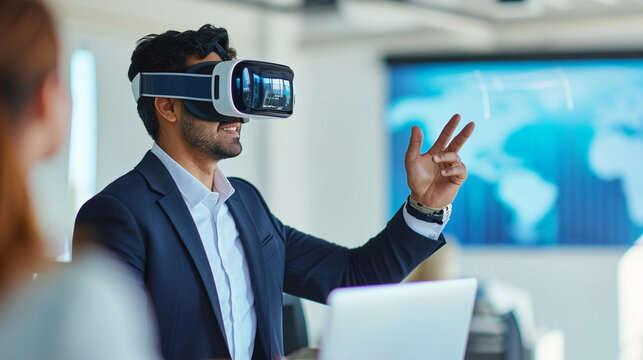 A businessman is using a virtual reality headset in front of a screen. Generative AI