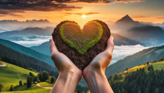 Female hands holding a heart shaped pile of soil. Earth day concept. organic plantings for valentine's gifts