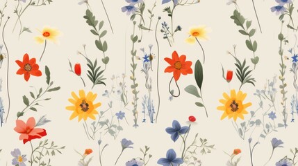  a bunch of flowers on a white background with a red, yellow, blue, and green design on it.