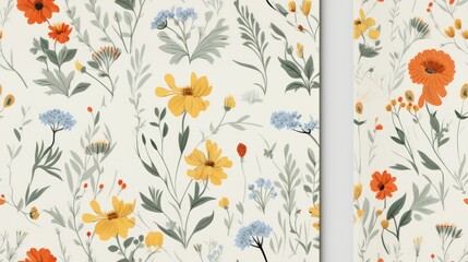 Fototapeta na wymiar two floral wallpapers with orange, yellow, and blue flowers on a white background, both of which have green leaves and flowers on them.