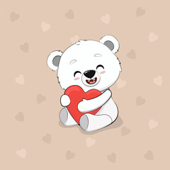 teddy bear with heart. Cute cartoon polar bear isolated on background with hearts. Postcard for Valentine's Day. Vector illustration