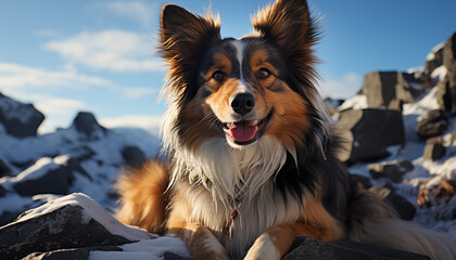 Cute puppy sitting outdoors, looking at the camera generated by AI