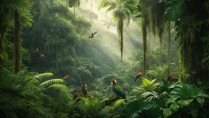 Światło w Tropikalnym Lesie: Ptaki w promieniach słońca - obrazy, fototapety, plakaty