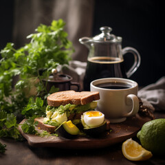 Cozy morning, coffee and healthy breakfast with boiled egg, avocado, toast
