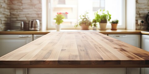 Blurry kitchen table with wooden plank top, perfect for showcasing designs.