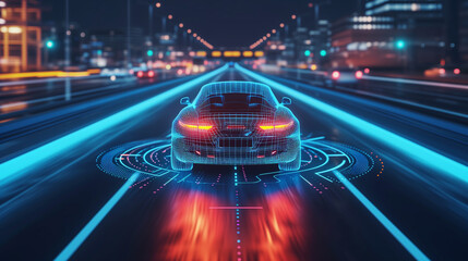 Car Following Futuristic 3D Concept Car. Autonomous Self Driving Van Moving Through City Highway. Visualized AI Sensors Scanning Road Ahead for Speed Limits, Vehicles, Pedestrians. Back View