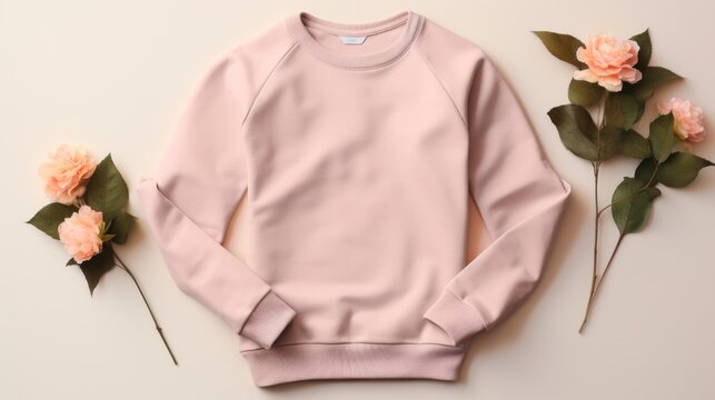  a pink sweatshirt next to some flowers on a white surface with a pink rose on the left side of the sweatshirt.