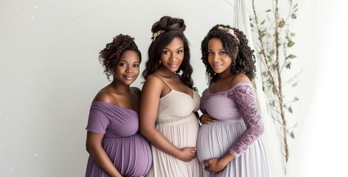 A joyful group of expectant mothers radiating beauty and elegance, adorned in stunning strapless bridal gowns, stand proudly in front of a decorated wall, capturing the essence of motherhood and haut