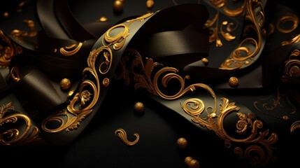  a close up of a black and gold ribbon with gold swirls on the side of the ribbon and a black ribbon with gold swirls on the side of the ribbon.