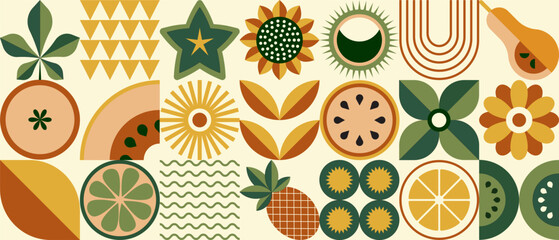 Mosaic abstract geometric fruit pattern. Eco agriculture concept. Ukrainian trends. Vector floral banner in scandinavian style	
