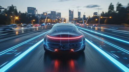 Car Following Futuristic 3D Concept Car. Autonomous Self Driving Van Moving Through City Highway. Visualized AI Sensors Scanning Road Ahead for Speed Limits, Vehicles, Pedestrians. Back View