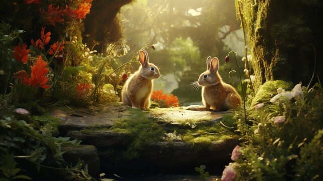 "A pair of inquisitive rabbits exploring a lush garden