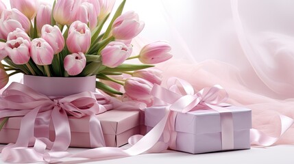bouquet of delicate tulips, bright ribbons, beautifully wrapped gifts silk ribbons.