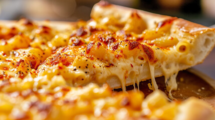 Delicious creamy Mac and Cheese pizza with bacon. Traditional American cuisine dish - obrazy, fototapety, plakaty