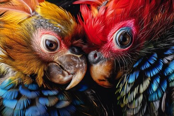 Vibrant feathers and intricate beaks steal the spotlight in this captivating close-up of galliformes and parrots, showcasing the beauty and diversity of these colorful birds