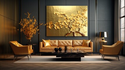  a living room with a couch, chair, coffee table and a painting on the wall with flowers on it.