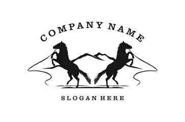 Horse silhouette behind wooden fence paddock for vintage retro rustic countryside western country farm ranch logo design - obrazy, fototapety, plakaty